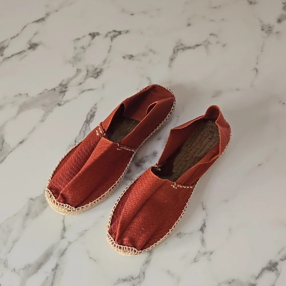 Cousu Main Rust Orange Espadrille Flats – Boho Summer Slip-On Shoes 35C